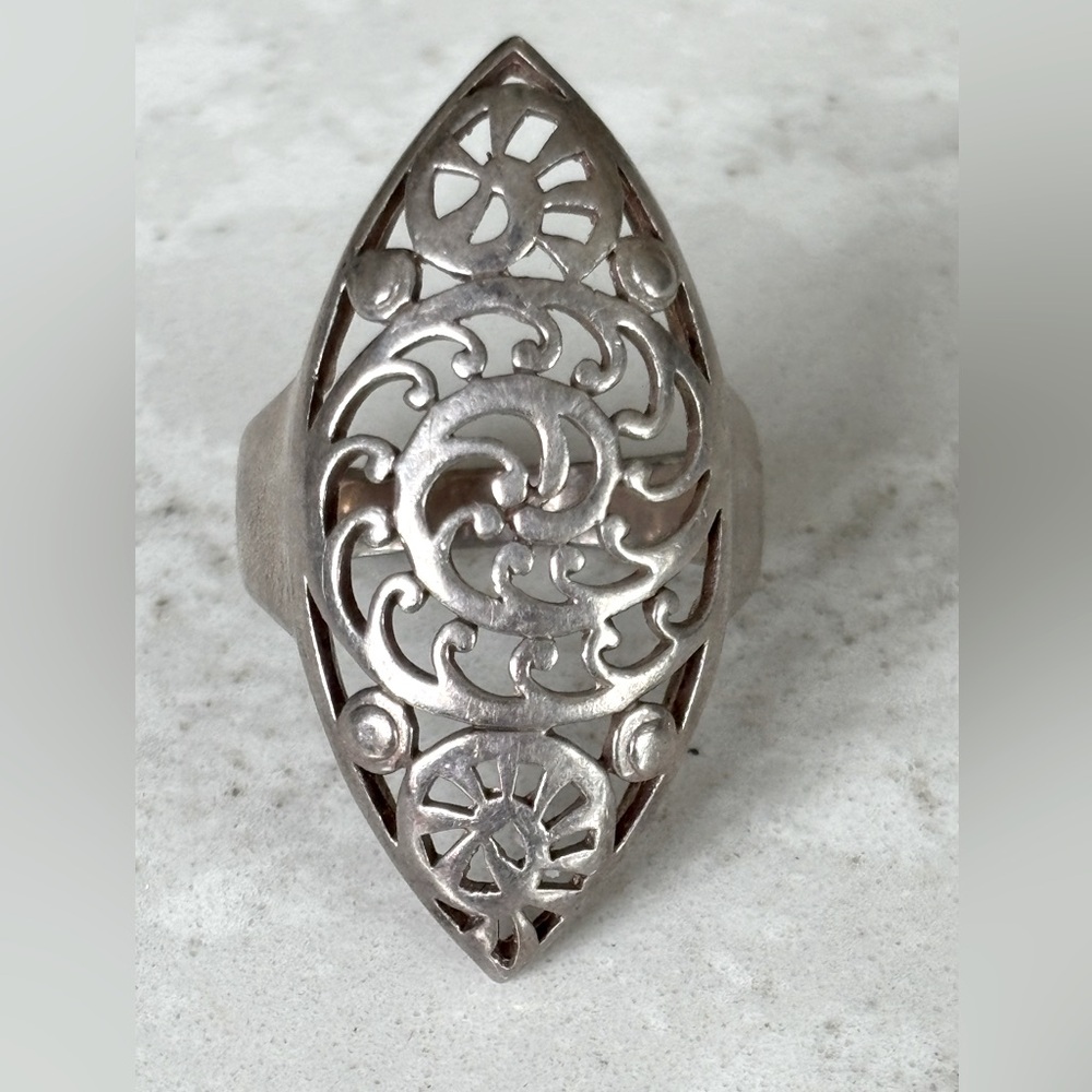 Sterling Silver Filigree Statement Ring - Size 8